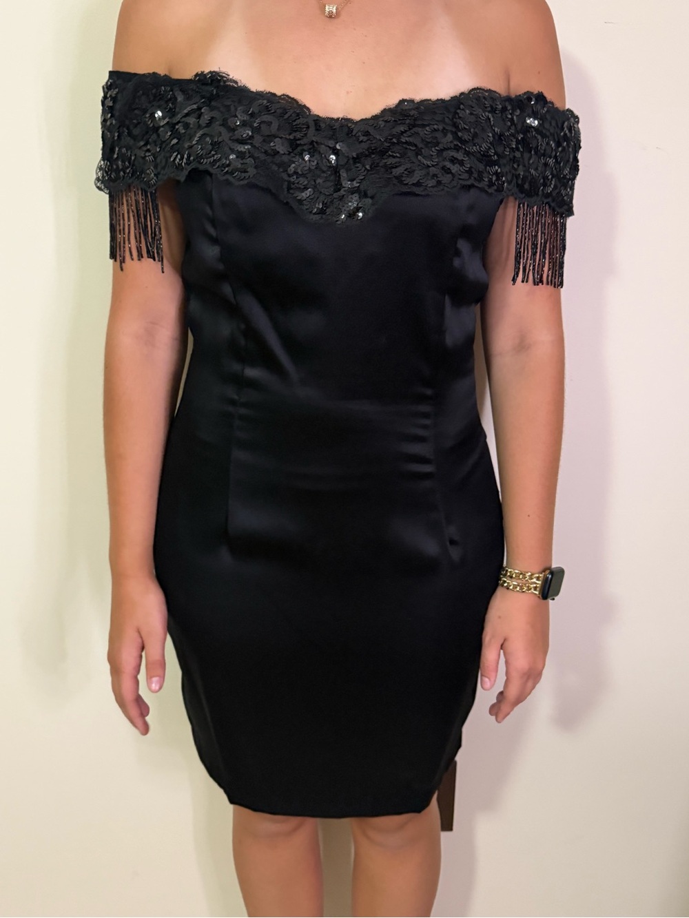 Roberta Bridal Off-Shoulder Black Beaded Fringe Cocktail Dress
